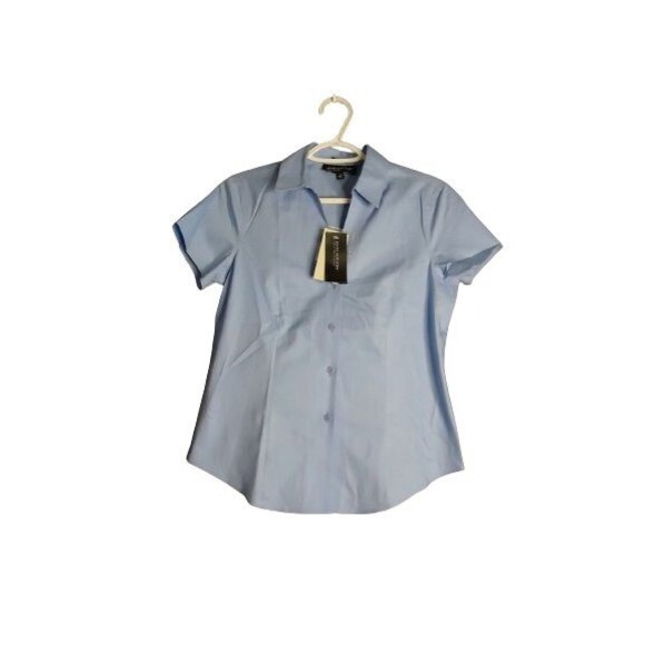 Jones New York Non-Iron Cotton V-Neck Career Blouse Short Sleeve Light Blue SZ 0 - Picture 1 of 9